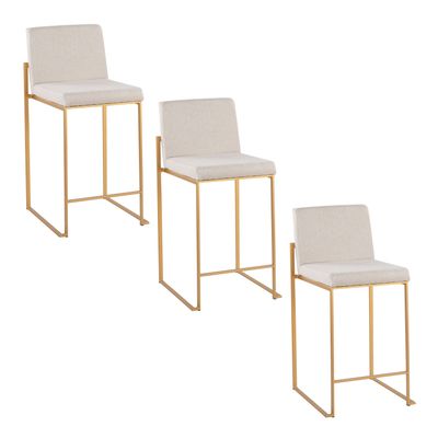 26 Contemporary High Back Counter Stool in Gold Steel and Beige Fabric