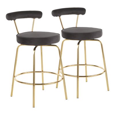 Counter Stool in Gold Metal and Black Velvet - Set of 2