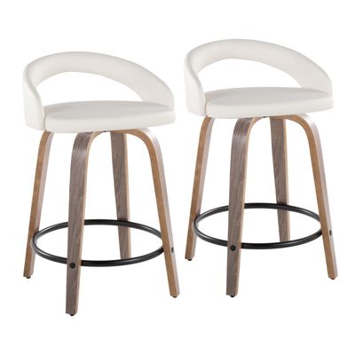 Counter Stool with Swivel in Light Grey Wood and White Faux Leather