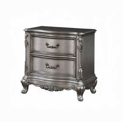 Wooden Nightstand with 2 Drawers in Antique Platinum Finish - Antique