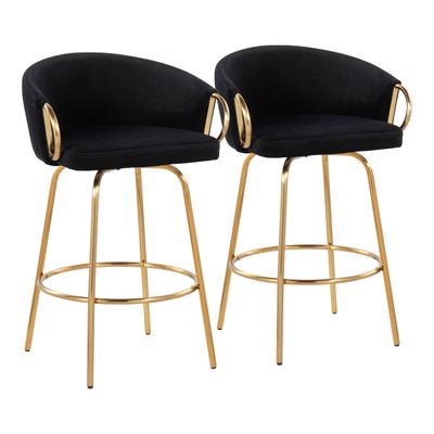 Contemporary Counter Stool in Gold Steel and Black Velvet - Set of 2