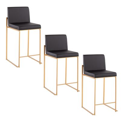 26 Contemporary High Back Counter Stool in Gold Steel and Black Faux