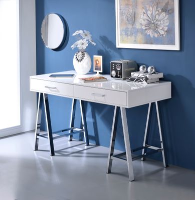 White High Gloss and Chrome Writing Desk with USB Port - White+Silver