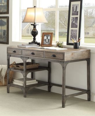 Weathered Oak and Antique Silver 3 - Drawer Writing Desk - Oak+Silver