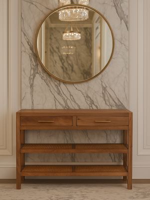 Solid Wood Woven Tier Console, Brown, 2 - Drawers, 2 - Shelf