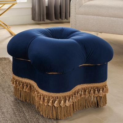 Ellen Upholstered Clover Ottoman with Gold Bullion Fringe, Navy Blue