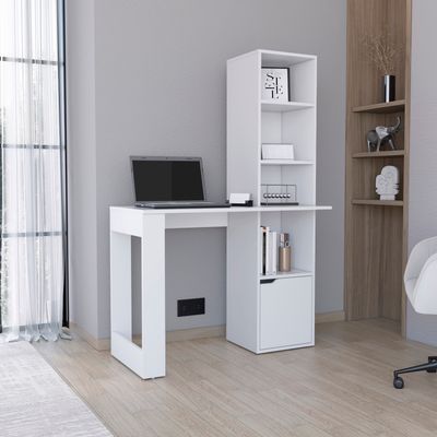 Iowa Computer Desk with 1 - Cabinet and 4 - Tier Bookcase - White