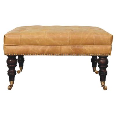 Solid Wood Tan Leather Upholstered Ottoman - Brown
