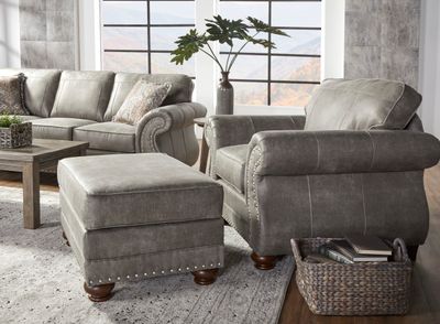 Leinster Faux Leather Upholstered Nailhead Chair and Ottoman - Gray