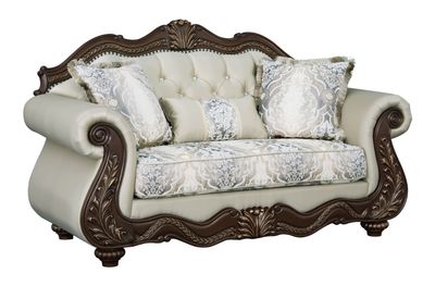 Pierce Beige Fabric & Cherry Finish Loveseat w/3 Pillows - Beige