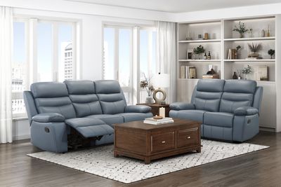2pc Reclining Sofa Set Sofa Loveseat Blue Leather Upholstered Plush