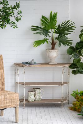 43.5x14x32 Three - Tiered White Wooden Shelving Unit with Ornate Iron 43.5x14x32 Three - Tiered White Wooden Shelving Unit with Ornate Iron