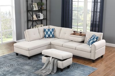 Alger 98 Wide Left Hand Facing Sofa & Chaise with Ottoman - Beige