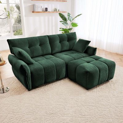 Modern Chenille Fabric 2 - Seater Sofa With Ottoman - Green