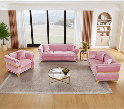 3 - Piece Modern Velvet Sofa Set for Living Room - Pink 3 - Piece Modern Velvet Sofa Set for Living Room - Pink