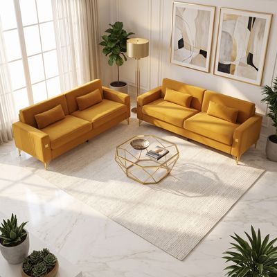 FX - P18 - OR - 2PCS Mustard Yellow Velvet Sofa Set - orange - yellow FX - P18 - OR - 2PCS Mustard Yellow Velvet Sofa Set - orange - yellow