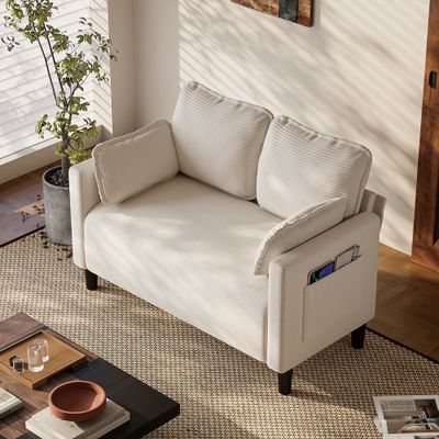 48 Soft Corduroy Loveseat Couch W/Soft Cushions - Beige