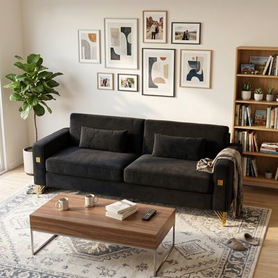 FX - P18 - BK(sofa)Luxury Velvet Sofa with Gold Accents - Black