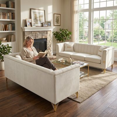 2-Piece Modern Velvet Sofa Set - Beige