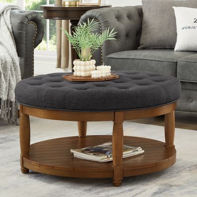 Large Round Upholstered Tufted Linen Ottoman Coffee Table - Charcoal
