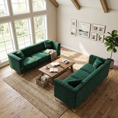 FX - P82 - 2PC SOFA - GR3 Green Velvet Sofa Set of 2 FX - P82 - 2PC SOFA - GR3 Green Velvet Sofa Set of 2