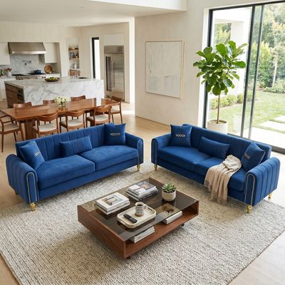 FX - P11 - RB - 2PC SOFA Vintage Blue Velvet 2 - Piece Sofa Set FX - P11 - RB - 2PC SOFA Vintage Blue Velvet 2 - Piece Sofa Set