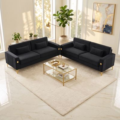 FX - P18 - BK - 2PCS SOFA Black Velvet Sofa Set FX - P18 - BK - 2PCS SOFA Black Velvet Sofa Set