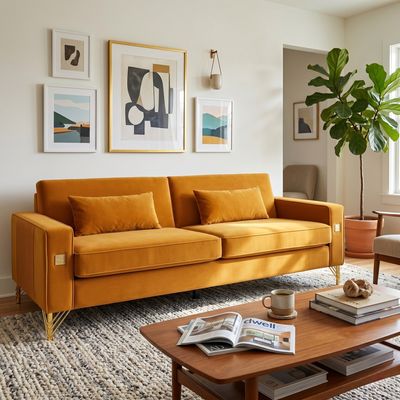 FX - P18 - OR(SOFA)Luxury Velvet Sofa with Gold Accents - Orange
