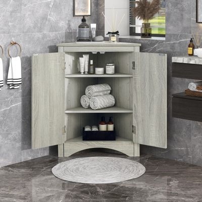 Oak Triangle Bathroom Storage Cabinet with Adjustable Shelves