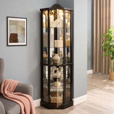 Lighted Glass Display Cabinet Corner Curio Cabinet with Adjust - Black