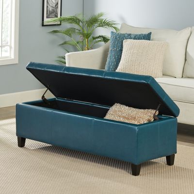 Upholstered PU Leather Storage Ottoman, Solid Wooden Legs - Teal
