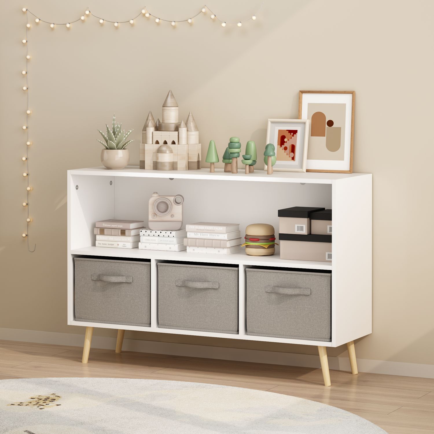 Kids bookcase with Collapsible Fabric Drawers - White & gray