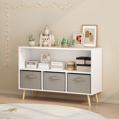 Kids bookcase with Collapsible Fabric Drawers - White & gray