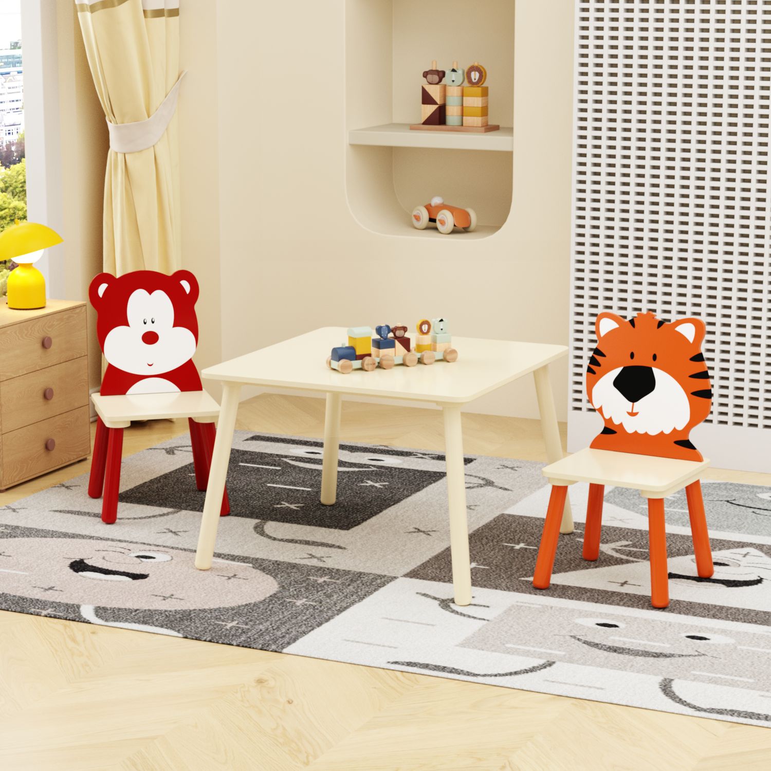Kids Table and 2 Chairs Set - Natural - Solid Wood & MDF - Model Kids Table and 2 Chairs Set - Natural - Solid Wood & MDF - Model