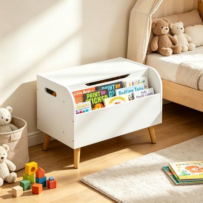 Wooden Toy Box, Kids Toy Storage Organizer with Front Bookshelf, Flip