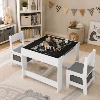 Kids Table and Chair Set, 3 in 1 Wooden Activity Table with Storage