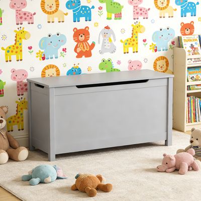 Kids Wooden Toy Box Storage with Safety Hinged Lid for Ages 2 & (Gray)