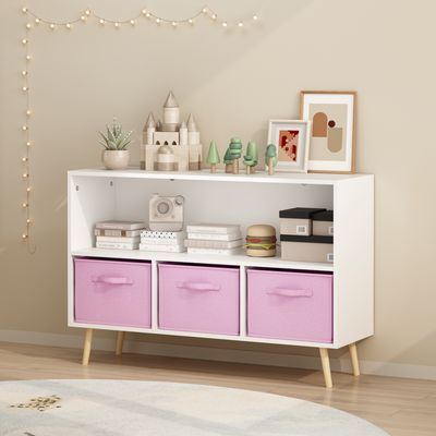 Kids bookcase with Collapsible Fabric Drawers - White & Pink