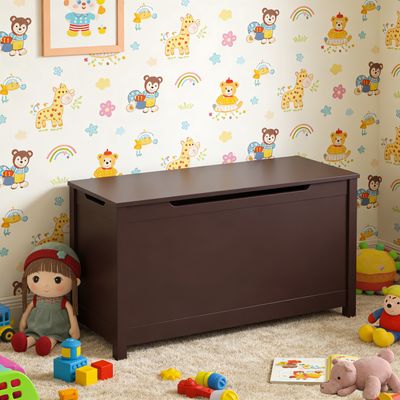 Kids Wooden Toy Box Storage with Safety Hinged Lid for Ages 2 &