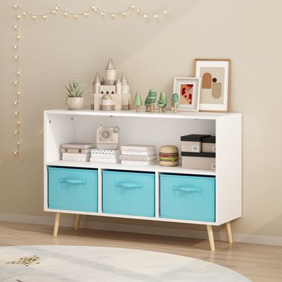 Kids bookcase with Collapsible Fabric Drawers - White & Blue