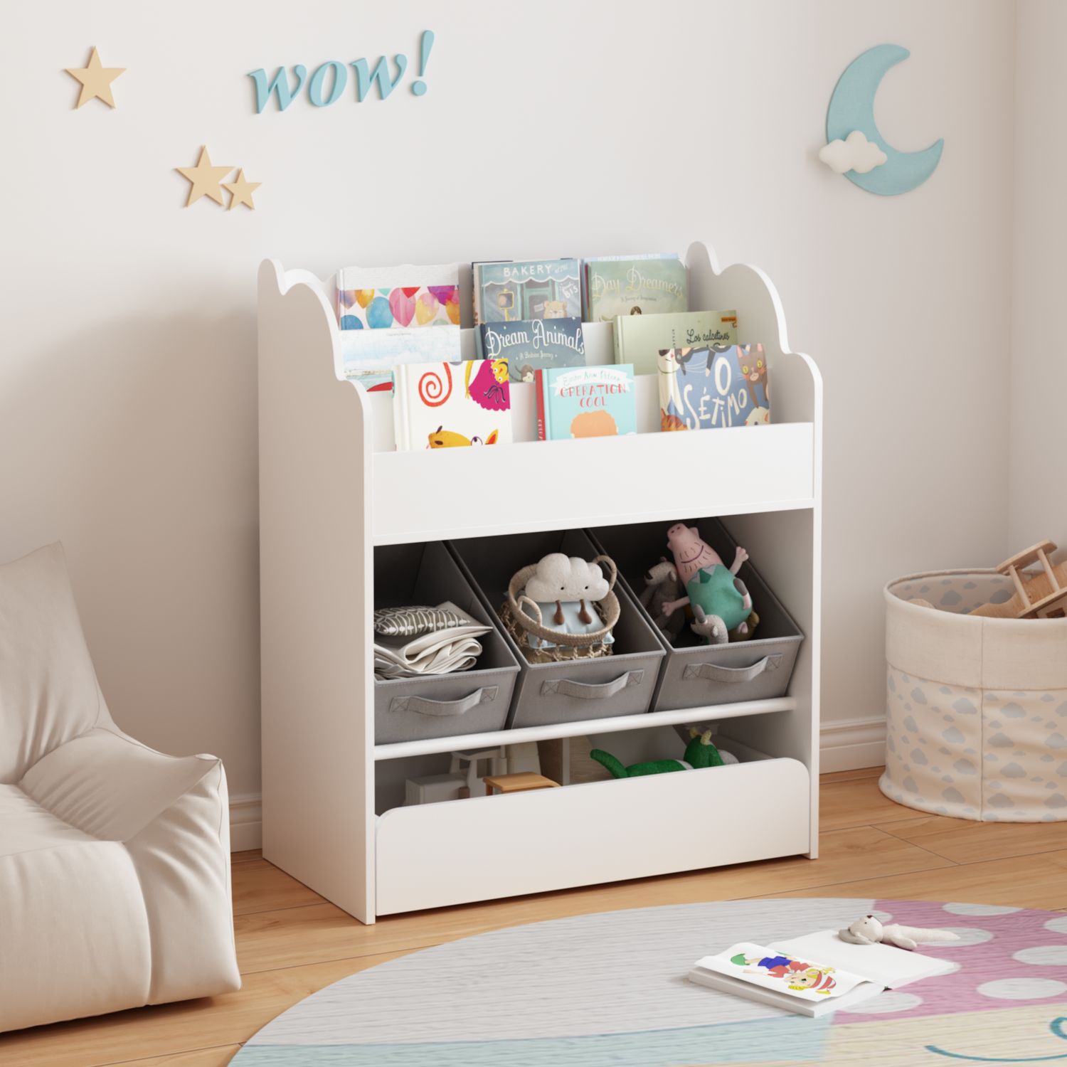 Kids Bookshelf with Storage Bins and Drawer - White Kids Bookshelf with Storage Bins and Drawer - White