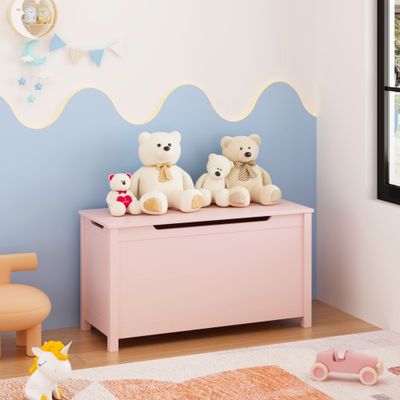 Kids Wooden Toy Box Storage with Safety Hinged Lid for Ages 2 & (Pink)