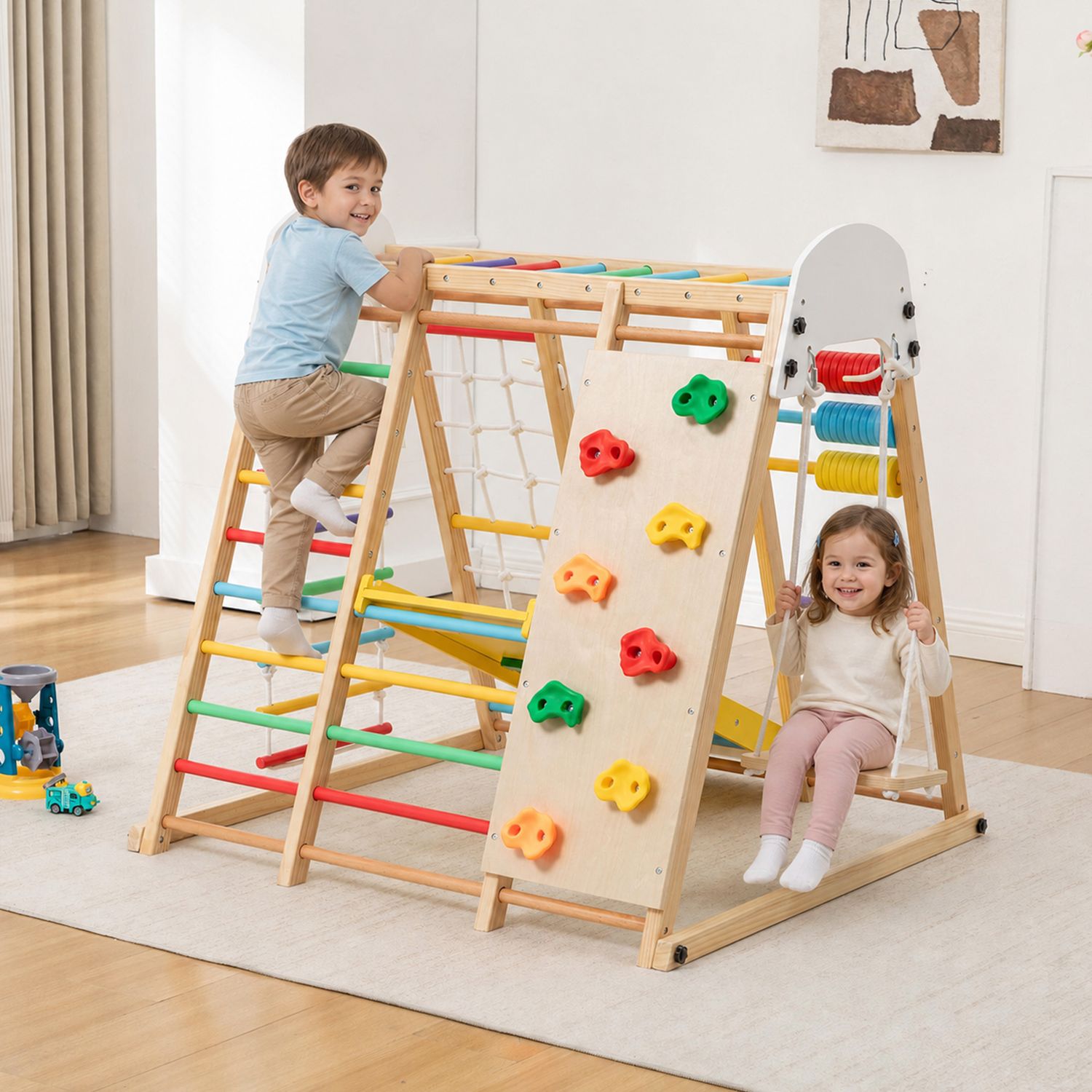 9 - in - 1 Foldable Kids Climbing Frame & Slide - Natural Wood