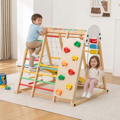 9 - in - 1 Foldable Kids Climbing Frame & Slide - Natural Wood