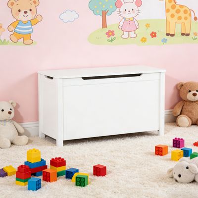 Kids Wooden Toy Box Storage with Safety Hinged Lid for Ages 2 & (White