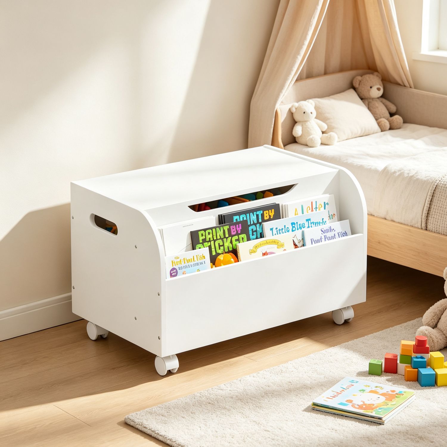Wooden Toy Box with 4 Universal Wheels - White Wooden Toy Box with 4 Universal Wheels - White