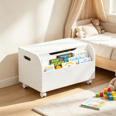 Wooden Toy Box with 4 Universal Wheels - White
