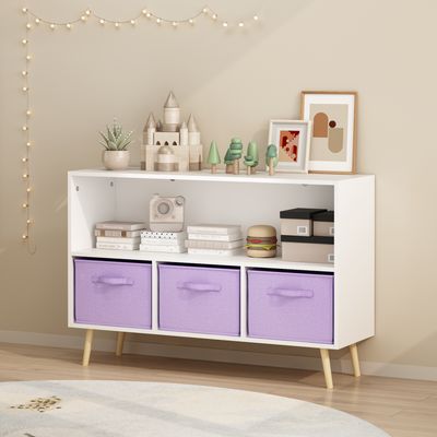 Kids bookcase with Collapsible Fabric Drawers - White & Purple
