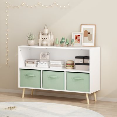 Kids bookcase with Collapsible Fabric Drawers - White & Green