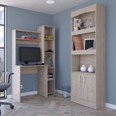 2 Piece Office Set, Dozza Bookcase & Aramis Desk, Light Gray